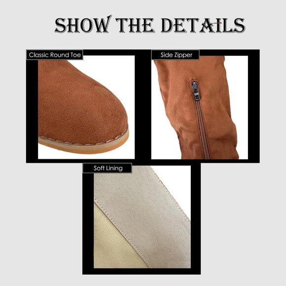 Women Brown Suede Leather Pull On Side Zipper Chunky Block Heel Thigh High Boots - Picture 4 of 6